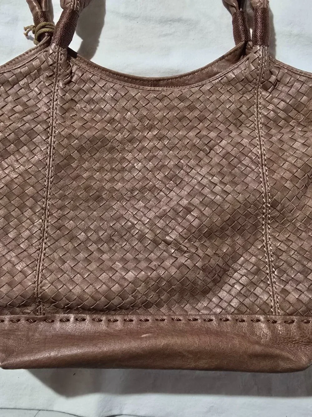 The Sak Brown Woven Leather Tote Shoulder Bag Tiger Eye Bead Charm